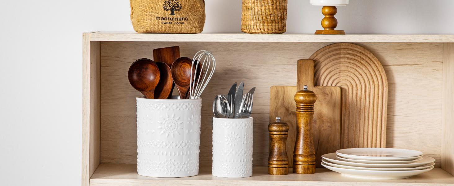 Utensil Holder, 7.2"+5.4" Ceramic Utensil Holder for Countertop, Large Cooking Utensil Crocks for Kitchen Counter, Farmhouse Utensil Vase for Housewarming, Kitchen Decor, Set of 2, Snow