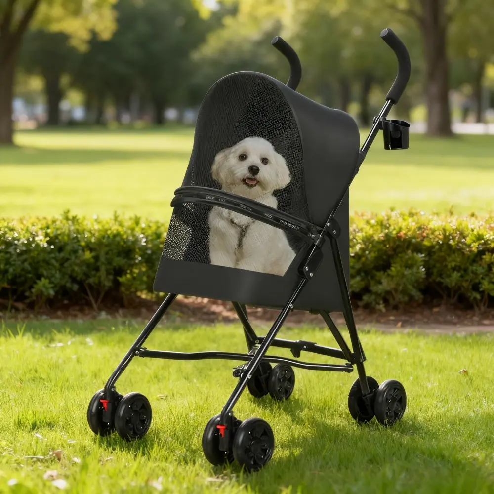 Small Dog & Cat Pet Stroller - Puppy Stroller, Portable Carrier with Mesh Ventilation, Lightweight Foldable Design, Cup Holder for Hydration, Park Use, Black