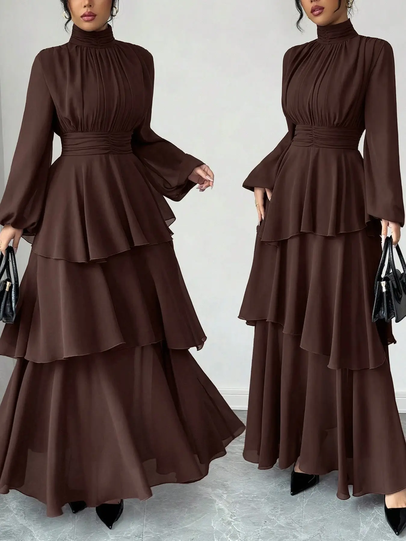 1 Piece Women High Neck Gathered Waist Cinched Lantern Long Sleeve Multi Layer Ruffle Maxi Dress Flowy Party Dress Elegant Formal Long Dress For Banquet Evening Party Daily Wear No Necklace