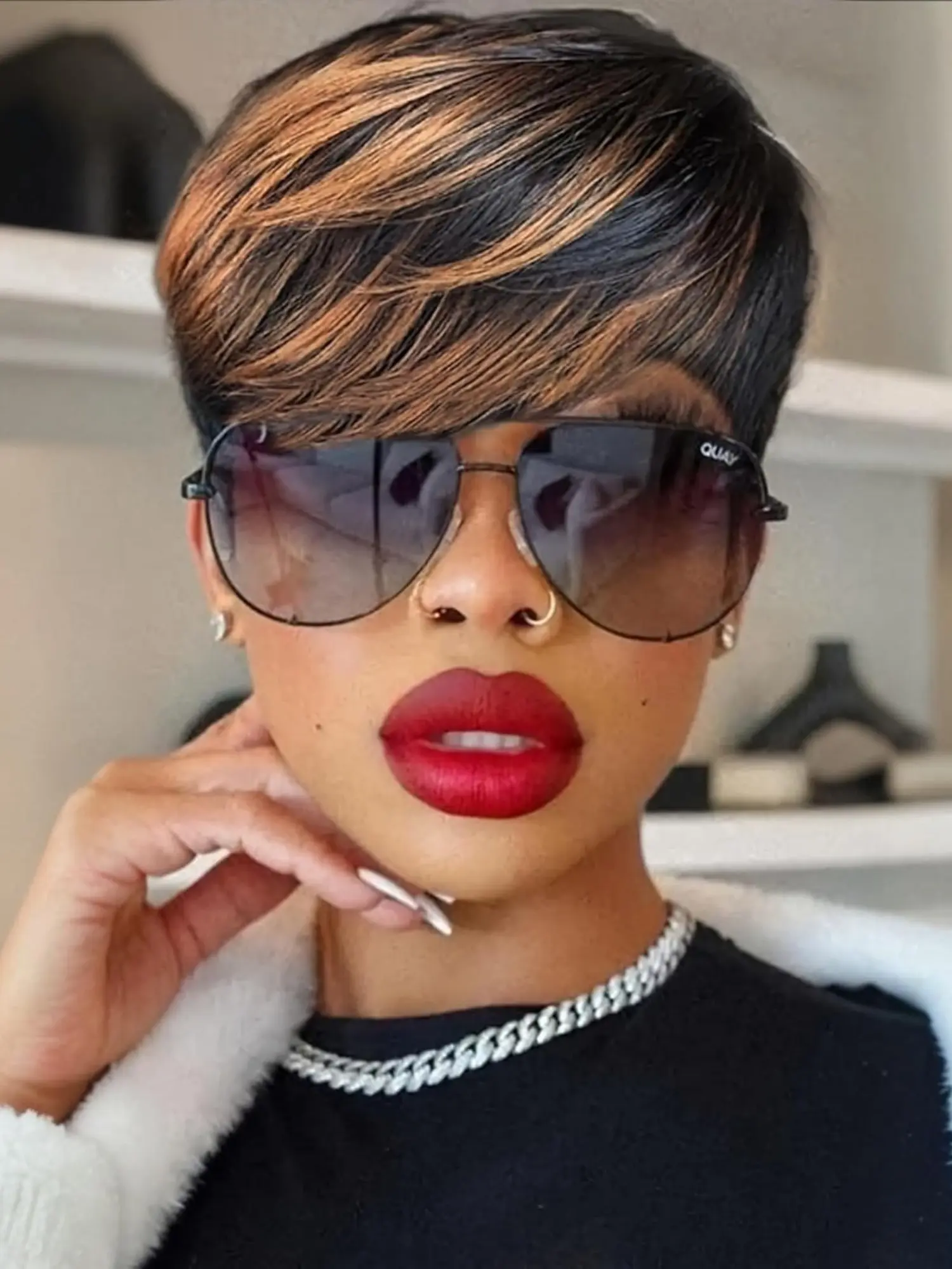 Highlight Synthetic Ombre Black Brown Short Straight Pixie Cut HairStyle Wigs With Bangs Bixie Cut Wigs