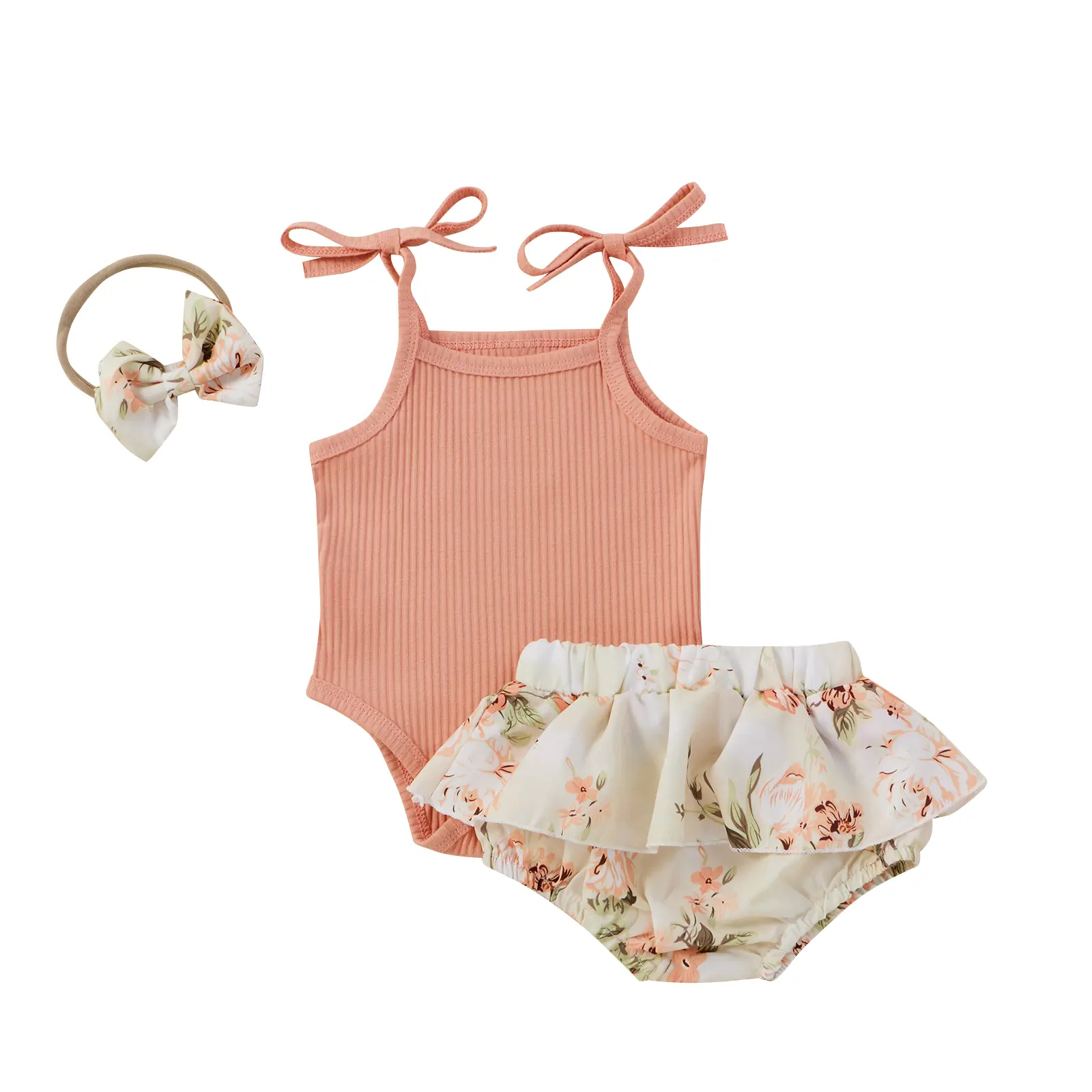 3 Pcs Baby Girl Clothes Infant Sling Sleeveless Romper Bodysuit + Floral Bloomers Shorts + Headband Newborn Summer Outfits Set 0-18M