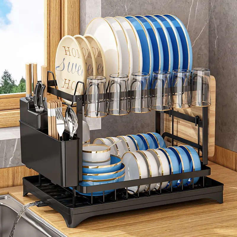 Double-stage multi-functional drain rack, large capacity, compact design, size 29x30x42cm stylish shape, can be placed next to the sink or directly on the sink, practical dishwashing rack, affordable, can be installed by the window