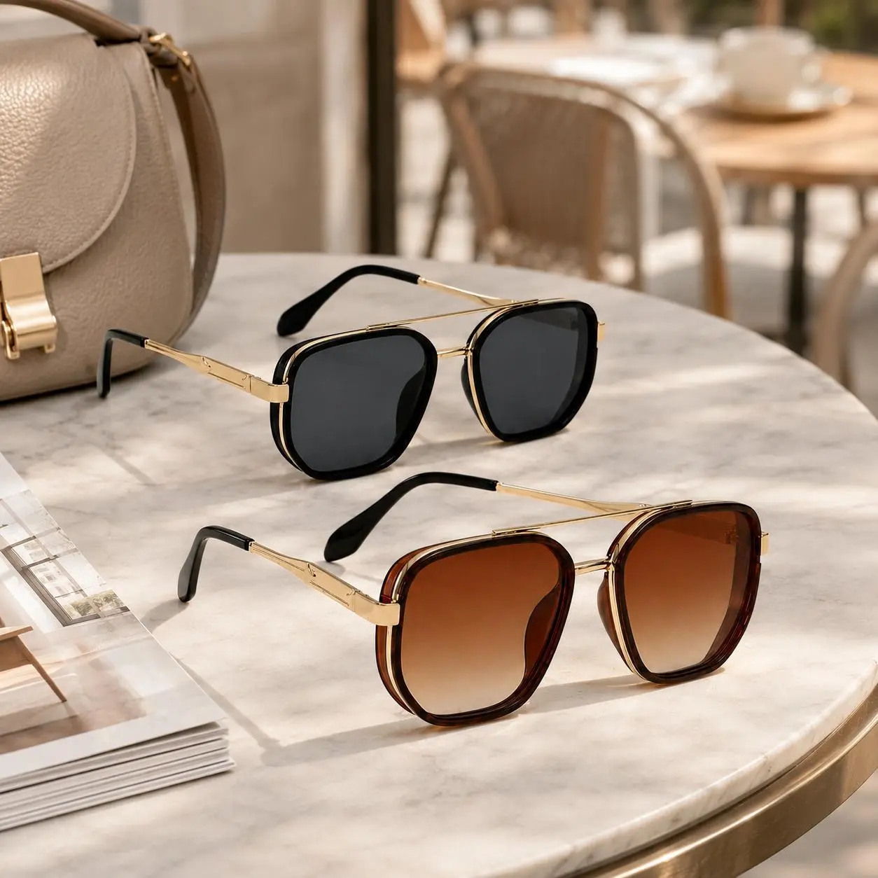Unisex Gold Geometric Polarized Sunglasses - Double Bridge, Polarized Lens, UV400 Shield, Glare Reduction, Lightweight Fashion Shades for Summer Travel, Daily Wear