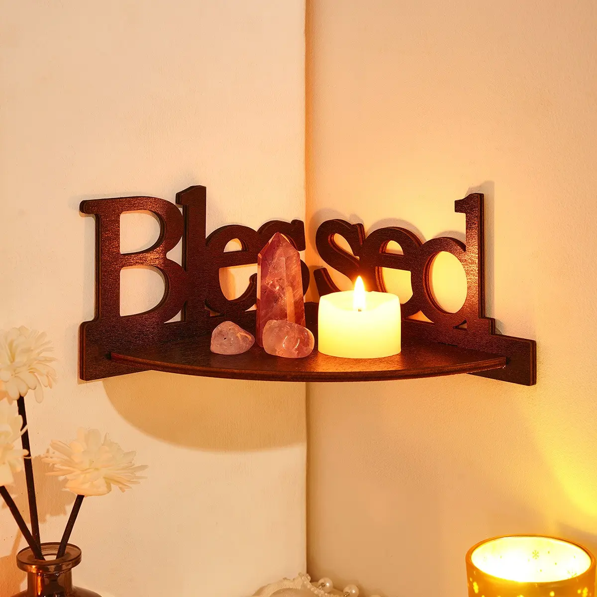 Blessed Wooden Corner Shelf, Wall-Mounted No-Drill Organizer, Decoration Items, Space-Saving Arc Design, Fits Various Corners, Holds Crystals, Candles, Diffusers, Decor
