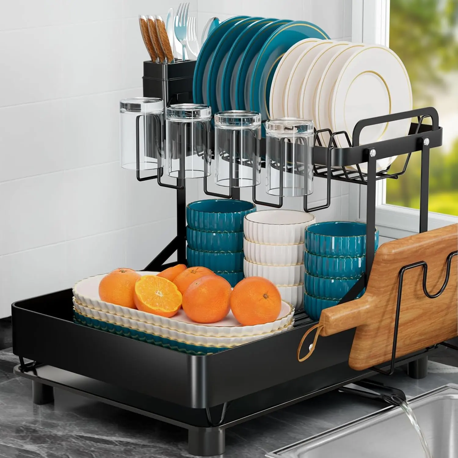 Dish Drying Rack for Kitchen Counter, Stainless Steel 2 Tier Dish Rack w Drainboard, Foldable 360° Rotatable & Expandable Drainer, Space-Saving Dish Strainers for Kitchenware