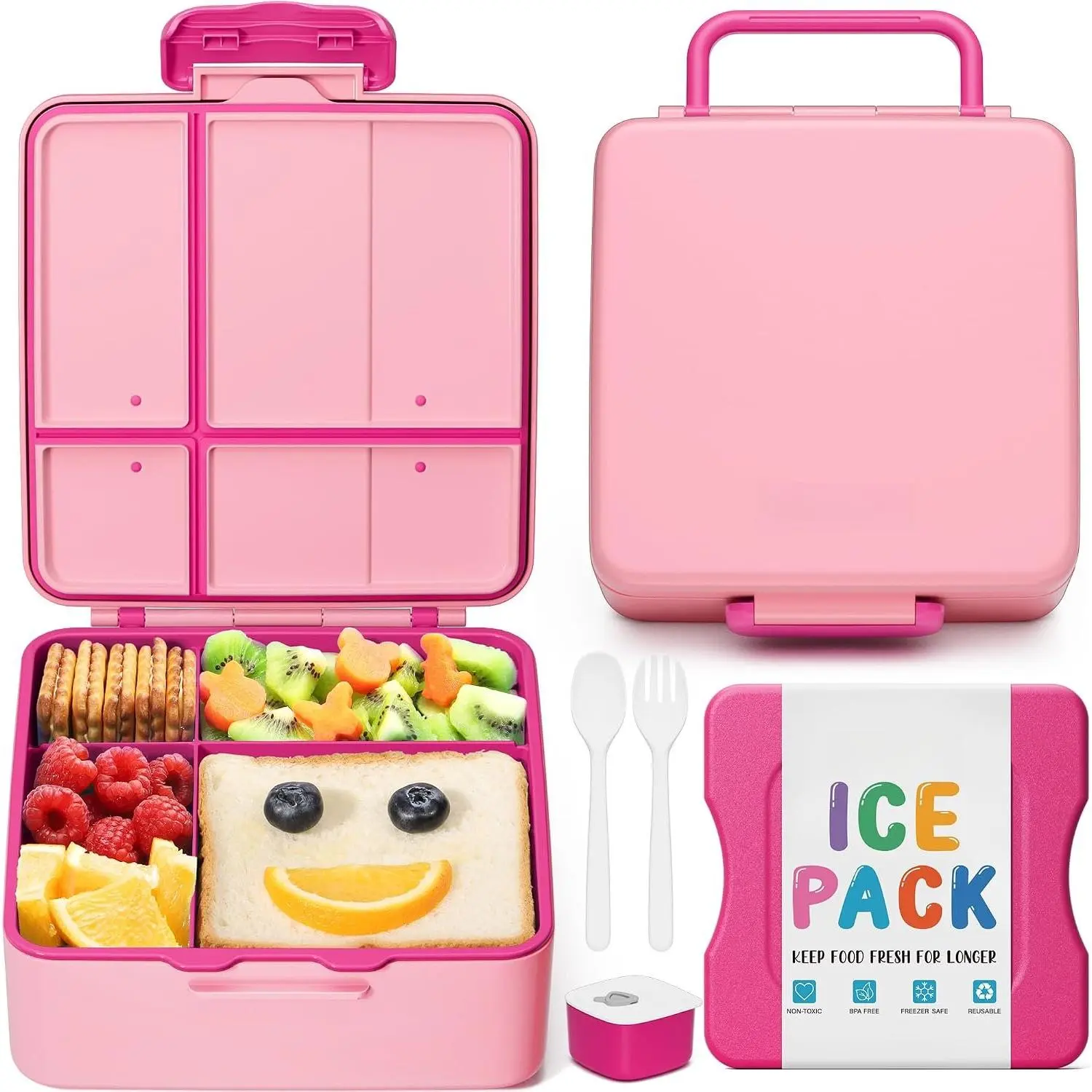 Chill Bento Box for ,  Lunch Box with -In Ice Pack | Keep Cold Leak Proof  4 Compartment Lunch Container with Utensil for Girl Boy School Adult, Microwave Dishwasher Safe