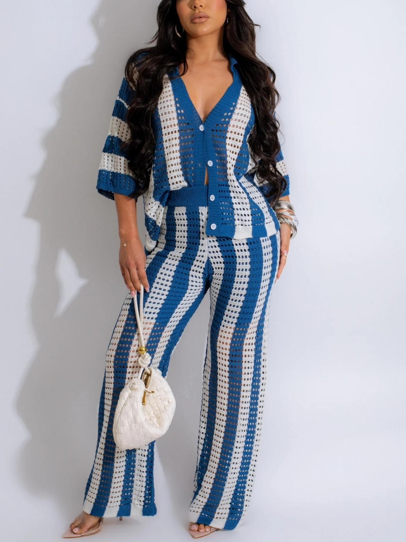 Two-Piece Set Women's Colorblock Striped Print Hollow Out Button Front Top & Wide Leg Pants, Casual Drop Shoulder Collared Top & High Waist Pants for Spring & Summer, Women 2 Piece Outfit, Summer Beachwear Set for Women, Vacation Outfit, Clothing Sets
