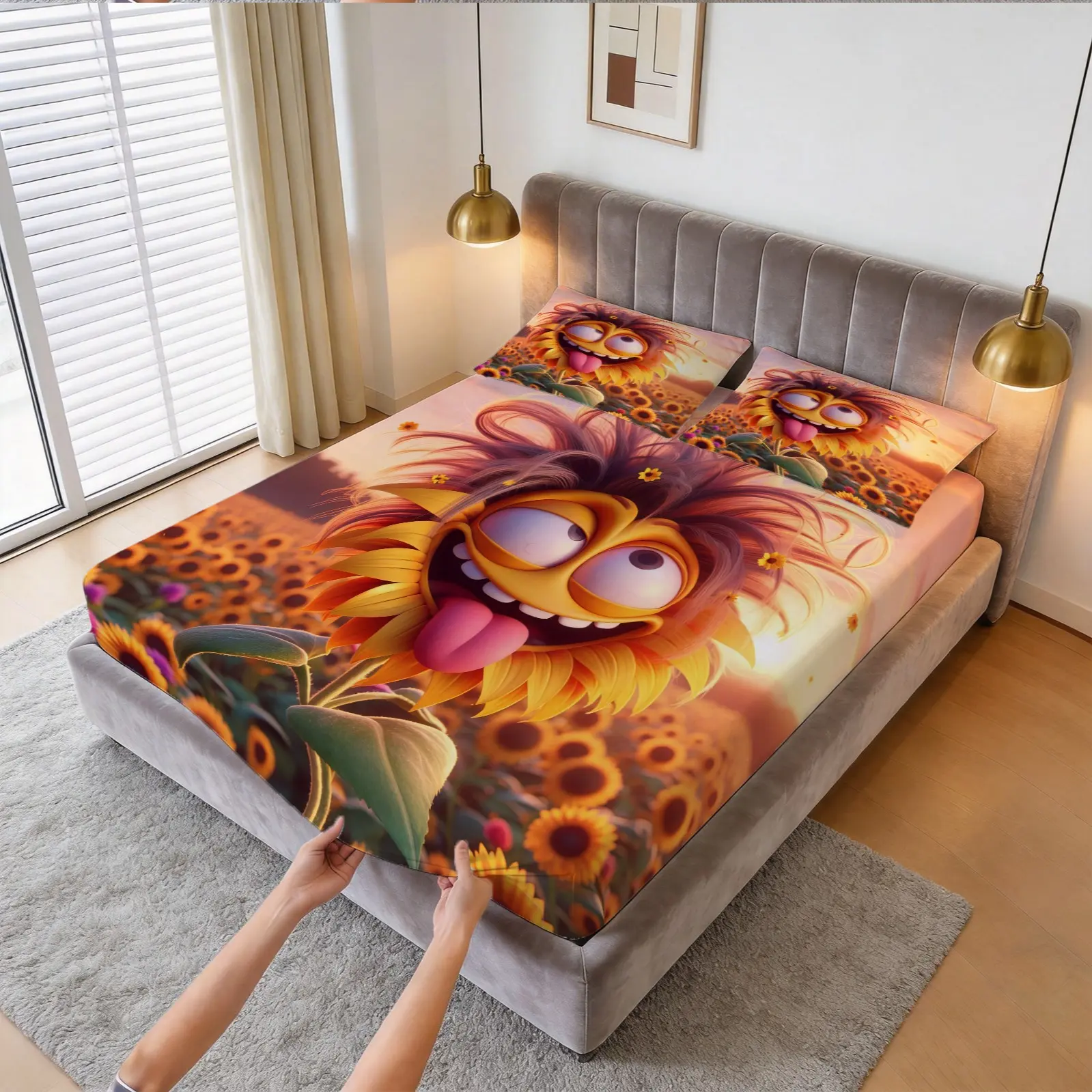 3-Piece Set Of Funny Cartoon Sunflower Pattern Bed Sheets, Countryside Sunset Flower Bedding Set (1 Bed Sheet+2 Pillowcases, No Pillow Core), Suitable For Teenagers And Adults, Master Bedroom, Apartment Scenes
