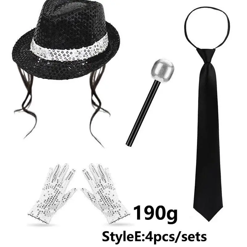 2026 Jackson Style Sequin Hat Tie Glove Set Sparkly Disco Costume Kids Dance Party Halloween Stage Performance Cosplay Outfit