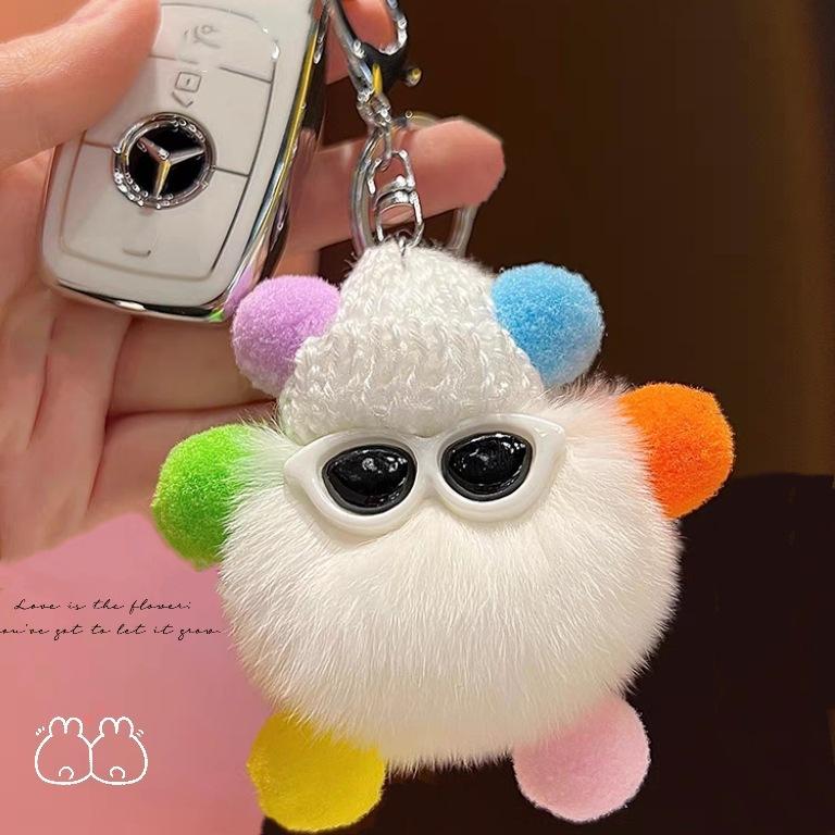 Cute faux rex rabbit fur plush little coal ball bag pendant, coal ball doll ornament, cartoon toy car keychain
