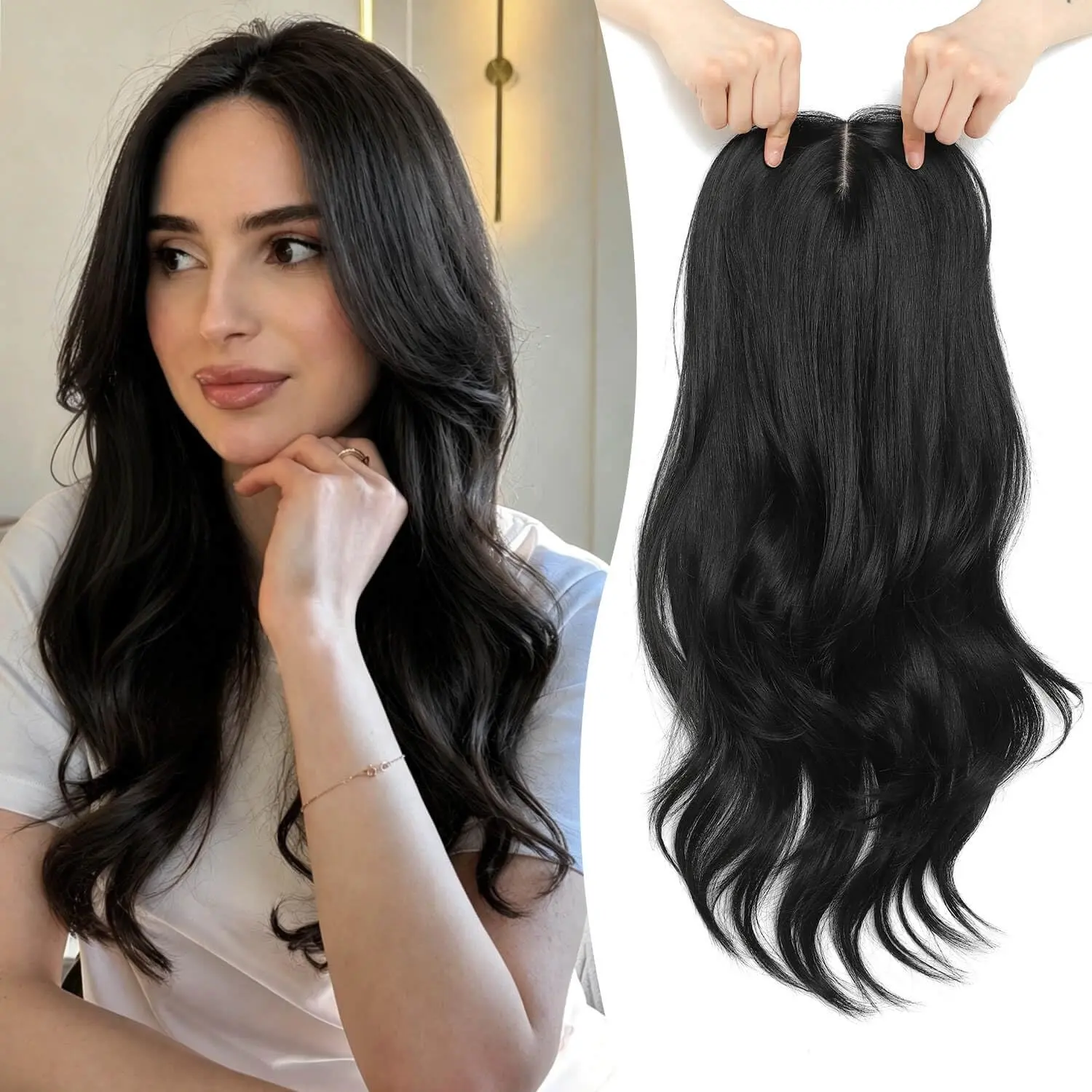 Hair Topper for Women, 20 Inch Synthetic Clip-In Hair Pieces with Realistic Scalp Part, Lightweight Wiglet for  Style Transformation, add Volume & Full Coverage,  Black