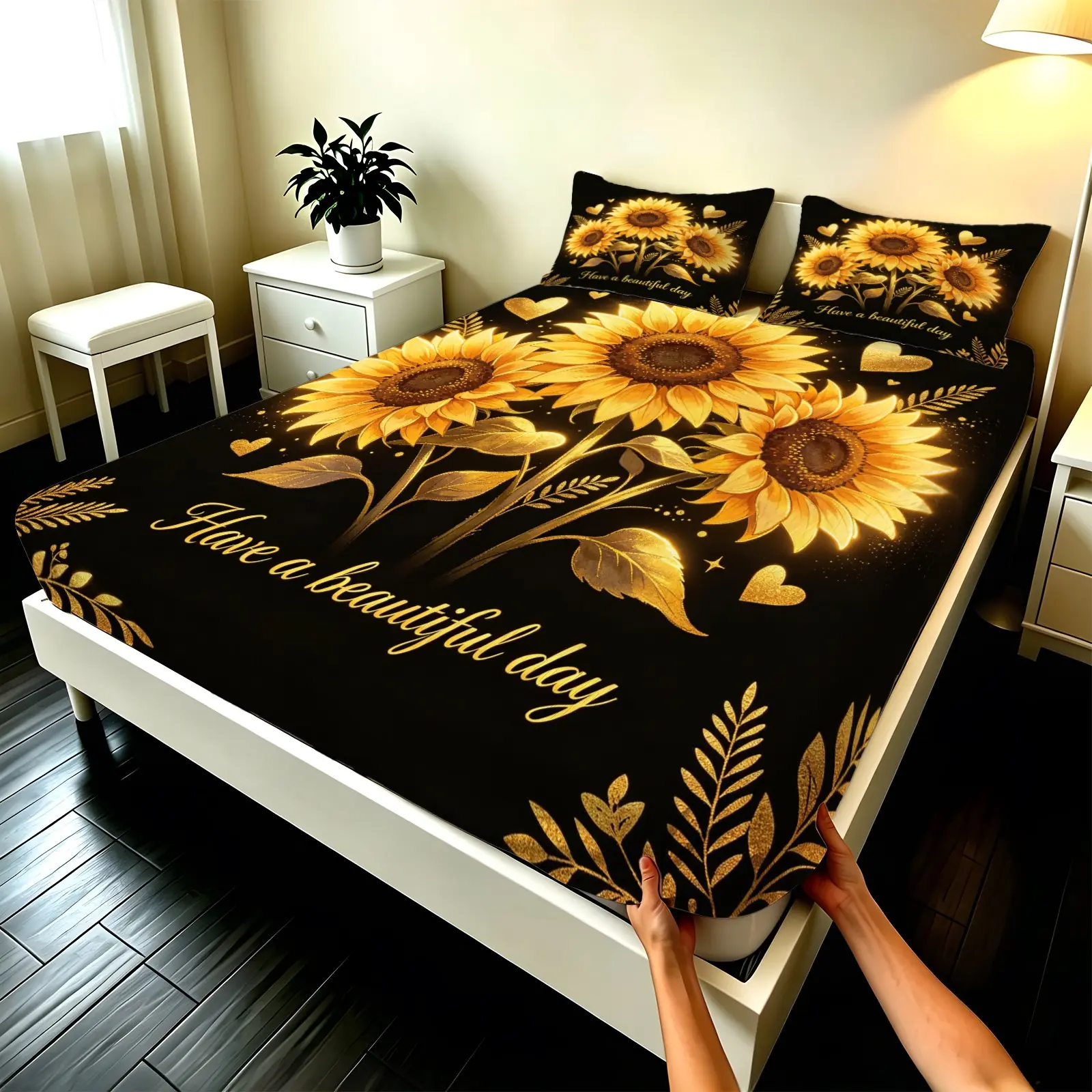 3PCS Glitter Golden Sunflower Heart Print Fitted Sheet Set with "Have a beautiful day" Lettering, Deep Pocket Wrinkle Resistant Soft Bedding Set for Home Bedroom Dorm, Multiple Colors Available