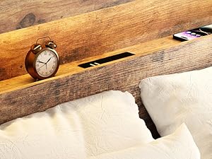 ARCH Wooden Bed Frame Queen Size with Storage Headboard, Farmhouse Platform Bedframe with Bookcase Shelf & Led Lights, Sturdy Wood Slat Framework Bed Frame (Rustic Brown)