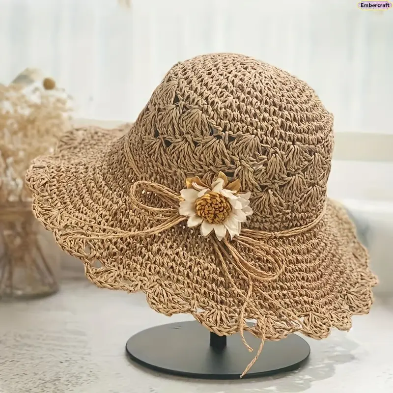 Women's Foldable Wide Brim Fedora - Viral Aesthetic Floral Lace Straw Weave, Round Crown, Breathable Lightweight UV Protection, Travel-Friendly for Beach, Summer Outdoor Wear, Uv Protection Clothing, Foldable Hat, Beach Hats, Female