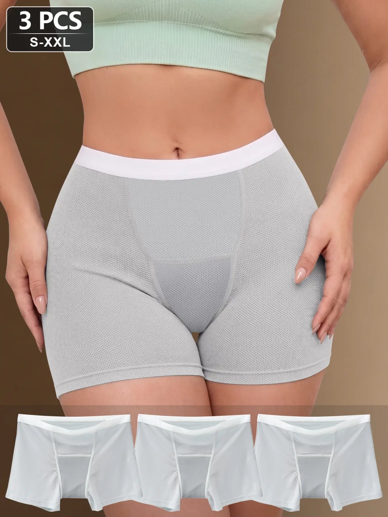 3-Pack Mid-Waist Plain Angle Menstrual Underwear for Women, Comfortable Breathable Period Panties, Elastic Safety Pants
