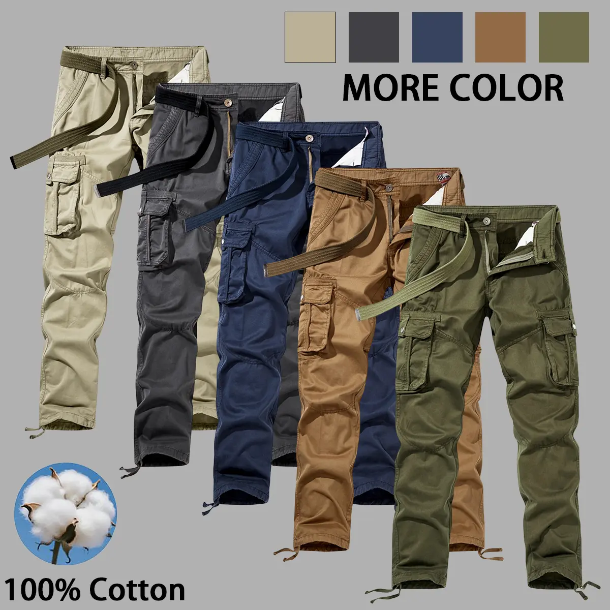 Men's Straight Leg Cotton Cargo Pants - Menswear, Mid Waist Tactical Workwear Trousers with Multi-Pockets, Adjustable Hem, Free Canvas Belt, Basic Fitted Cut, All Seasons, Machine Washable, Camouflage, Casual Plain Bottoms