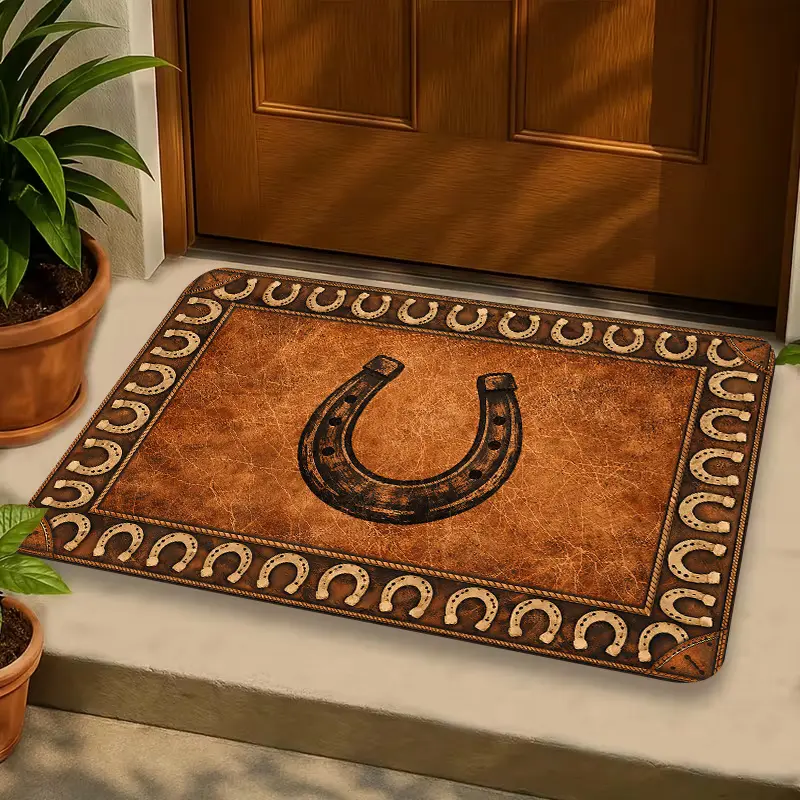 Flannel Floor Mat 1pc, 2D flat printing, vintage western-style horseshoe pattern entrance mat, non-slip, machine washable, easy to clean polyester carpet, suitable for home and outdoor decoration, ideal for entryways, bedrooms, balconies, and as a gift ho