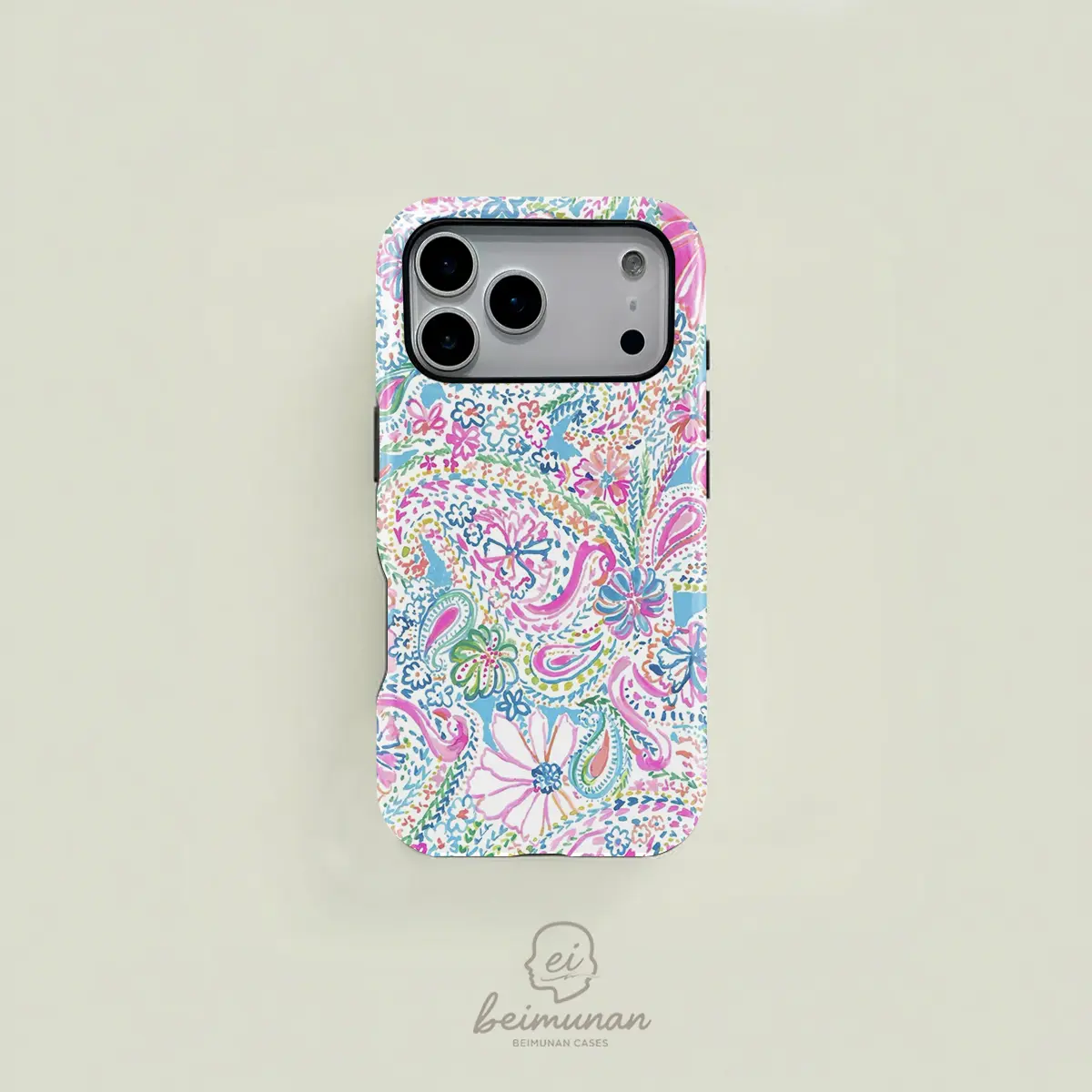 Cute hand-painted floral paisley design in blue and pink watercolor style. Durable 2-in-1 protective case, MagSafe compatible, suitable for iPhone 17/16/15/14/13/12/11 Pro Max/Plus/Pro. Simple and stylish phone case, perfect birthday gift.