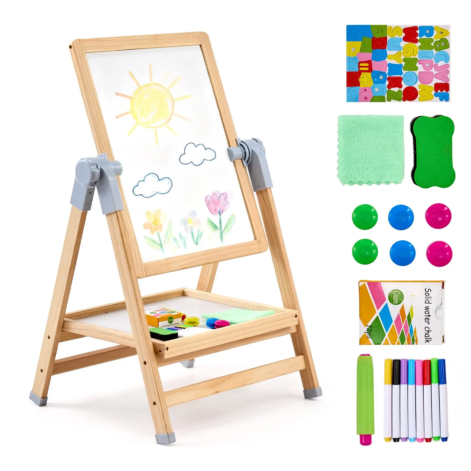 【DealsForYouDays】VEVOR Art Easel for Kids, 2-in-1 Wooden Double-Sided Kid's Art Easel with Magnetic Whiteboard Chalkboard, Adjustable Standing Rotatable Foldable Drawing Board with Painting Accessories for Boy Girl