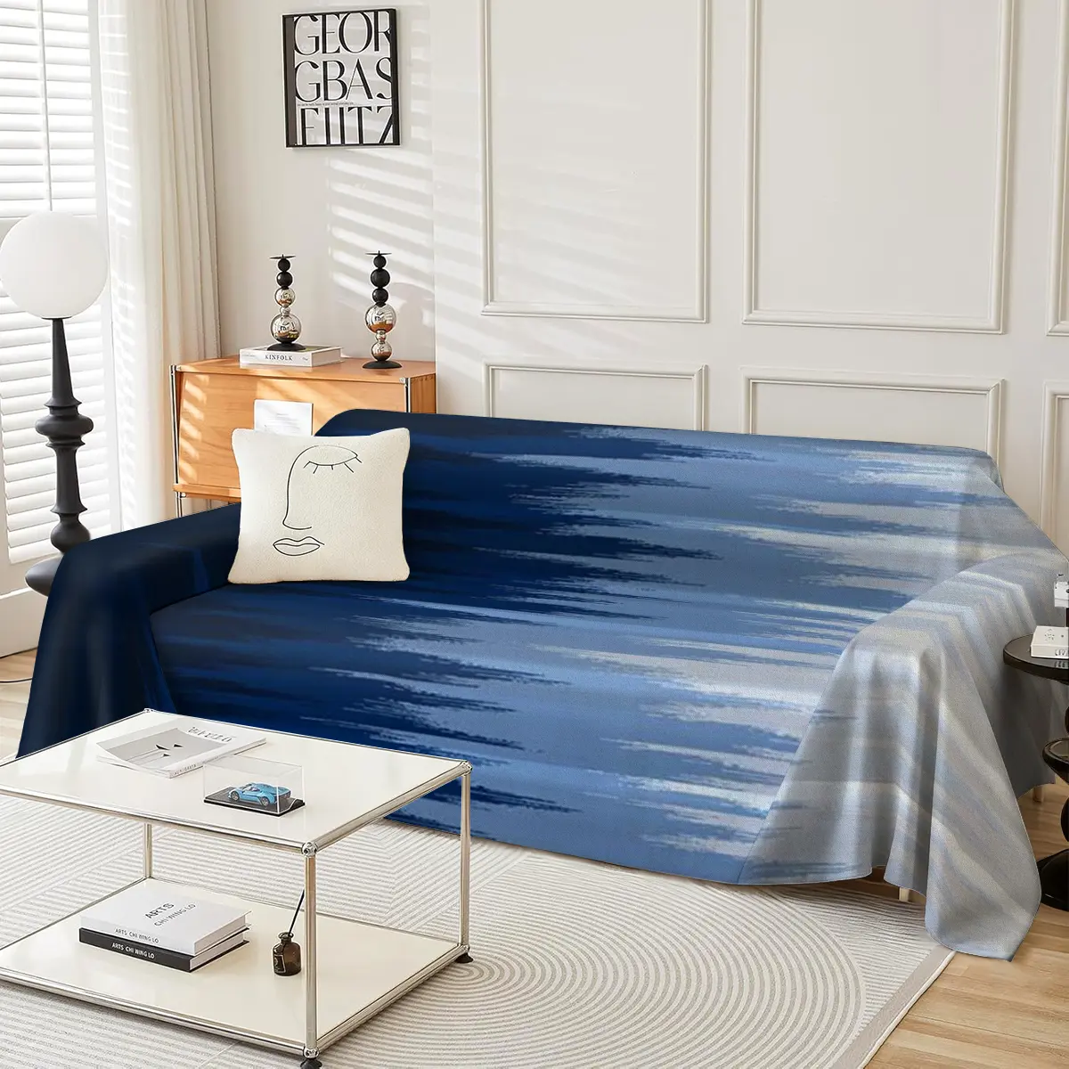 Deep blue gradient sofa cover machine washable sofa towel suitable for all seasons, suitable for single to four seater, living room sofa decoration