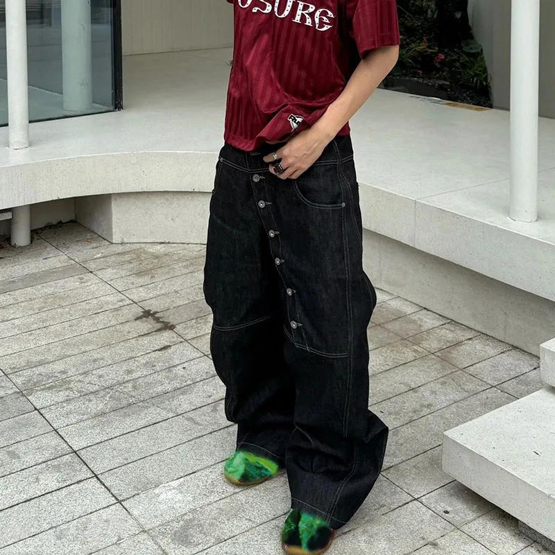 Kyn Apparel Korean High Street Buckle Curved Jeans Autumn Men'S Loose Straight Leg Pants Black Wide Leg Pants Casual Pants Hip-Hop Pants