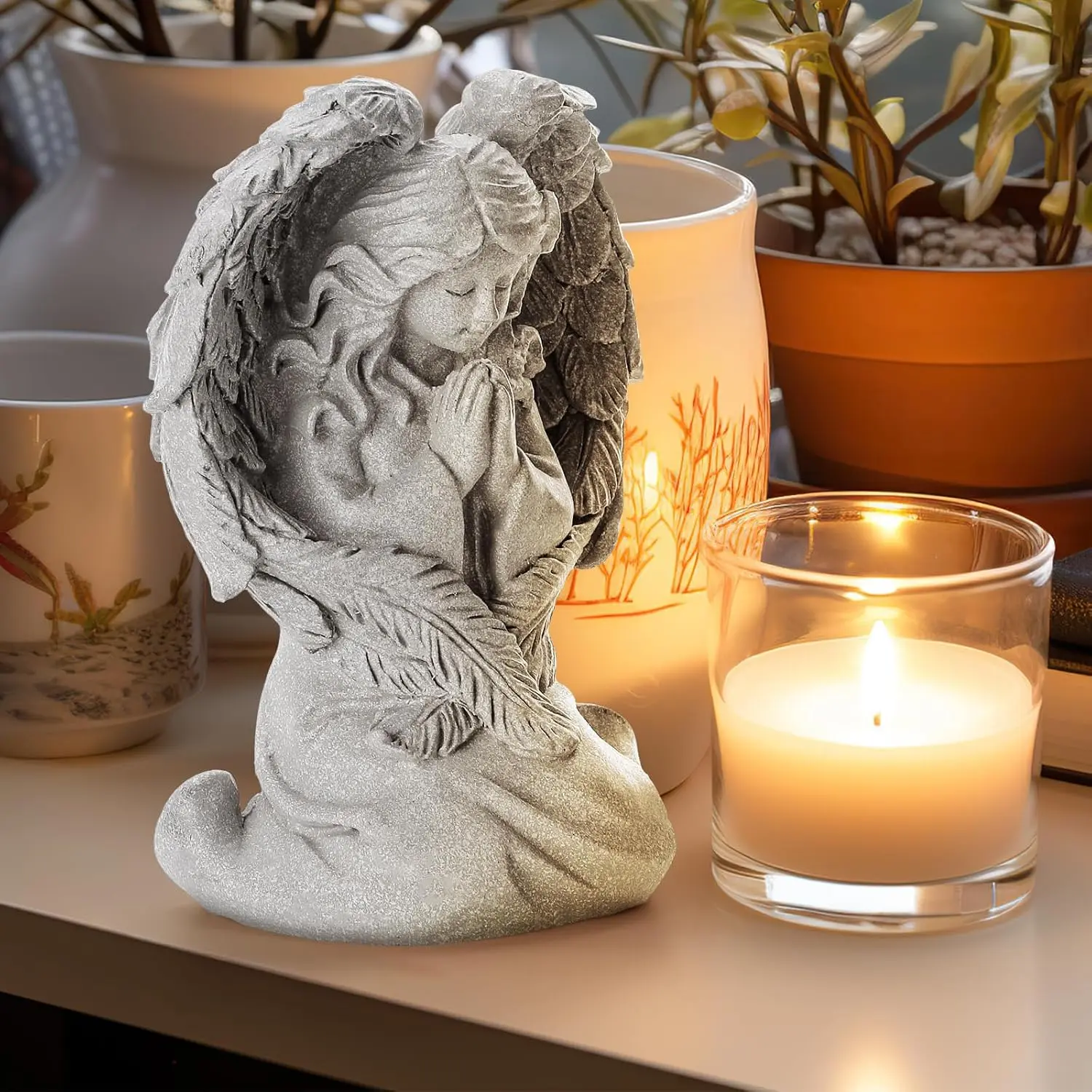 Praying Angel Figurine, Sculpted Hand-Painted Figurine, Angel  Statue for  Decor or Garden, First Communion Gifts for Girls, Religious Gifts for Women (Gray)