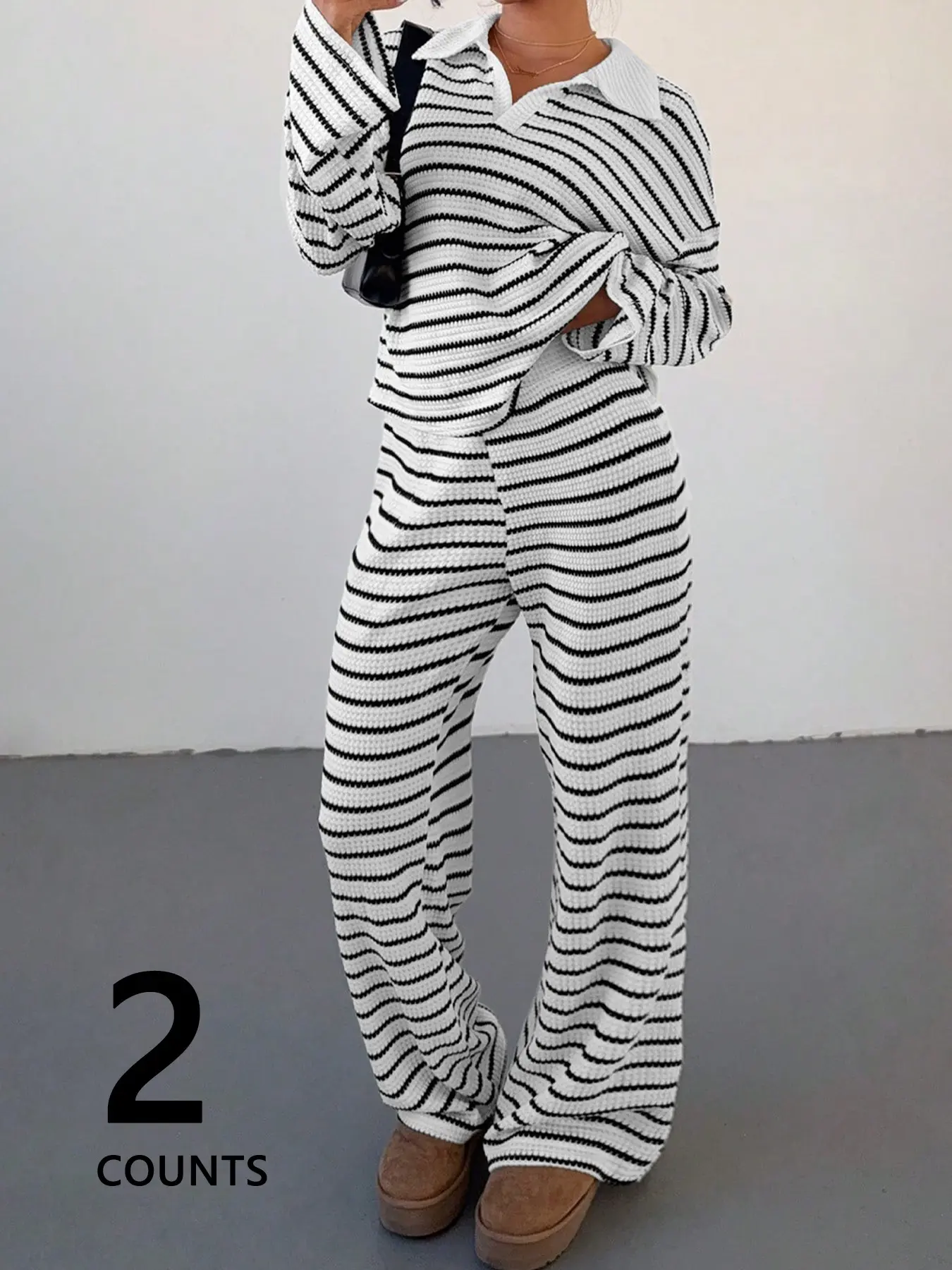 Women's and Striped Lapel Long Sleeve Set, Loose Polo Neck Top, Flowy Wide Leg Pants, Casual Lazy Style Two-Piece