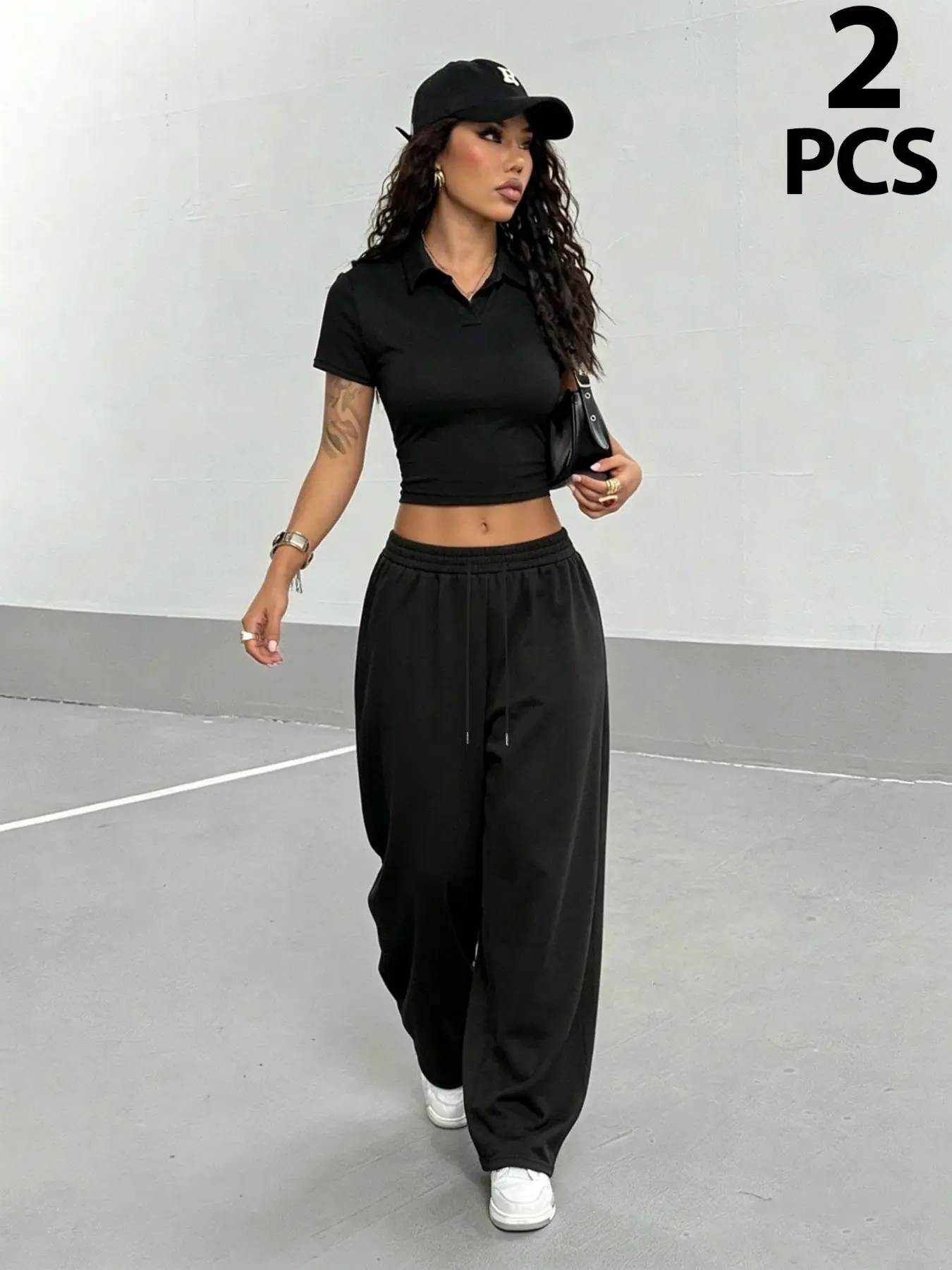 2 Pcs Women Polo Loungewear Sets, Short Sleeve Collar Crop Top, Drawstring Wide Leg Sweatpants, Soft Stretch Pajama Sets, Casual Streetwear
