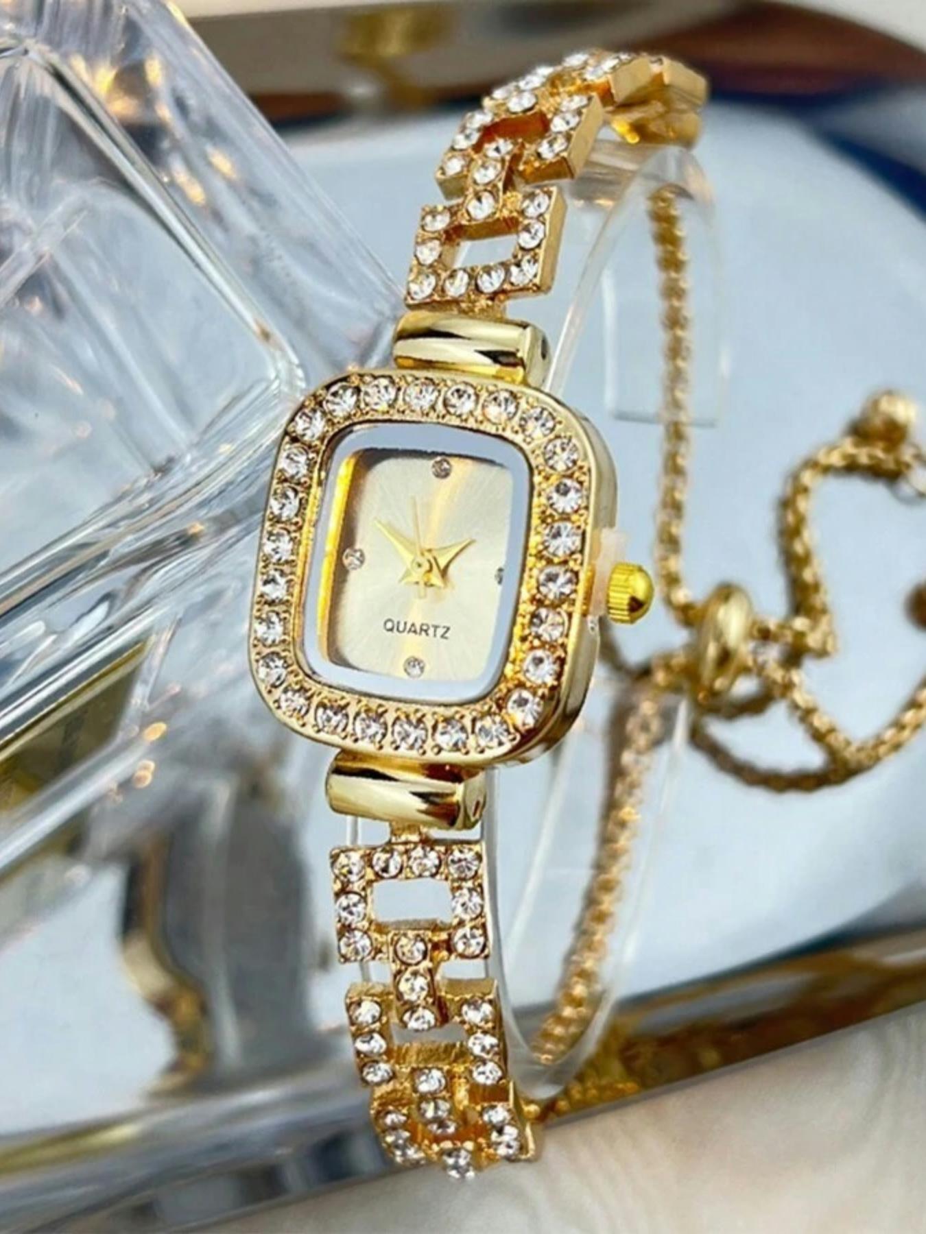Women's Square Rhinestone Decor Watch, Hip-Hop Style Quartz Wristwatch with Adjustable Strap, Elegant Square Dial Stylish Watch for All Seasons, Rhinestone Watches