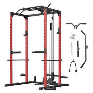 Multi-Function Power Rack with Lat Pulldown, Heavy Duty 1200 lbs Squat Cage for Home Gym, Cable Pulley System, Dip Handles & Landmine Attachment