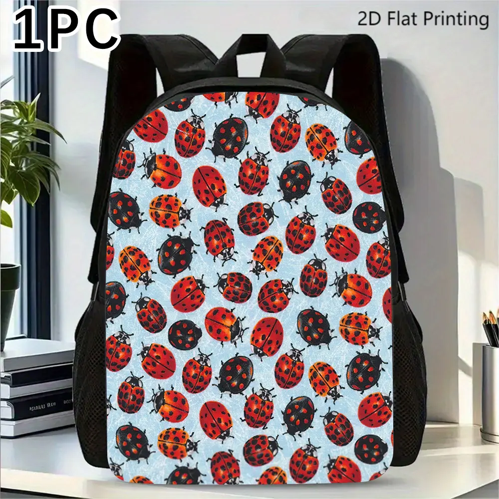 Back-To-School Season 1pc Adorable Ladybug Design Backpack Featuring Adjustable Shoulder Straps, Polyester Lining, Zip Closure, Hand Wash Recommended, Suitable for Ages 14 And Up - Includes Applique And Printed Details for Travel