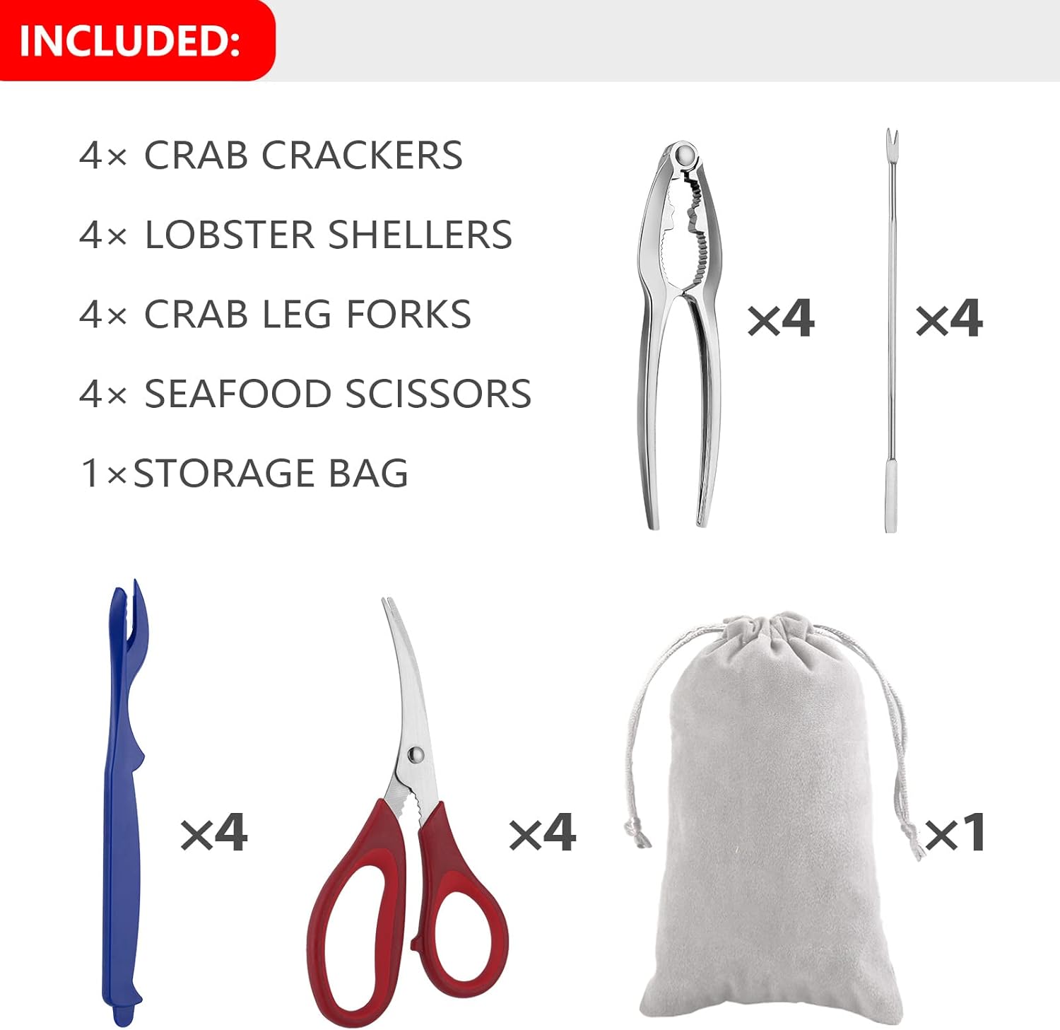 Seafood Tools Set includes 4 Crab Crackers 4 Seafood Fork 4 Lobster Crackers 4 Seafood Scissors -Nut Cracker and Storage Bag