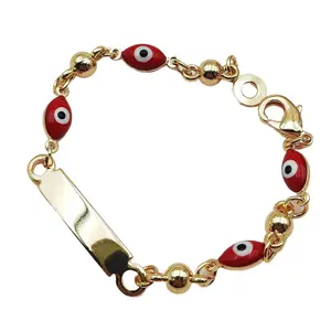 Red Evil Eye ID Bracelet Engravable Plain Bar Bangle Lucky Protection Amulet Polished Beads Link Chain Anniversary Birthday Gifts for Men Women