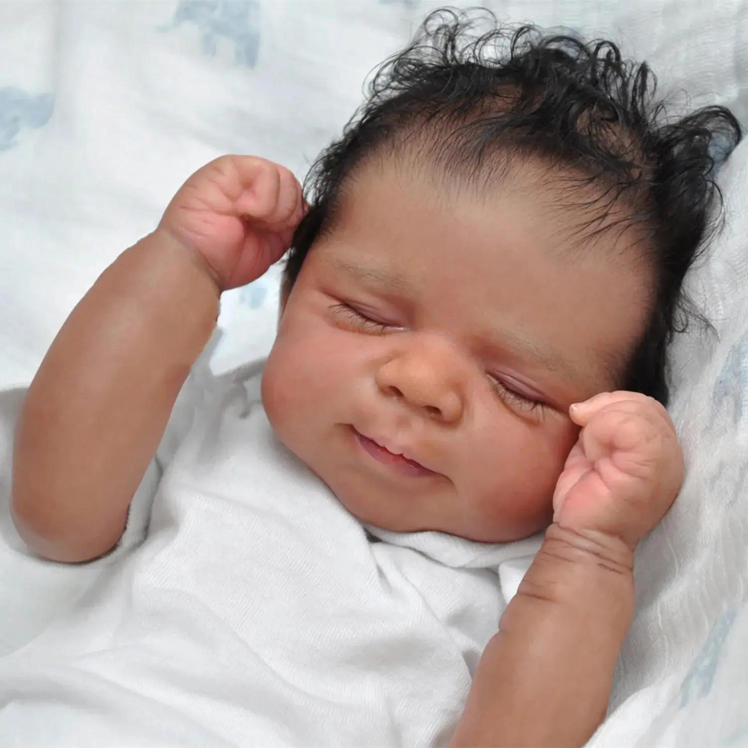 19 Inch Realistic Reborn Baby Doll, Lifelike Realistic Newborn, Gorgeous Doll, Reborn Doll Baby Dolls, Soft Vinyl Black Skin Sleeping Doll with Short Sleeve Crawling Clothes, Birthday Gift for Kids
