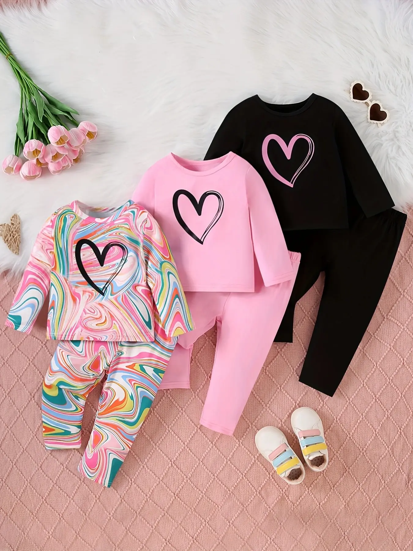 Autumn Winter Newborn Girls Round Neck Cute Heart Print Long Sleeve Sweatshirt Set, 6-Piece with Pants, Cozy Baby Clothing Bundle