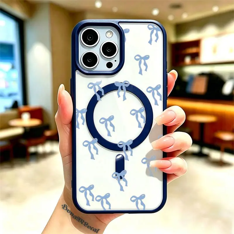 Phone Case - Phone Case: Soft Light Blue Bows Pattern T716, Transparent Acrylic Magnetic Case, Magnetic Snap, Suitable for iPhone 17 E Air Pro ProMax iPhone16 15 14 Plus 13 12 11 X XS XR