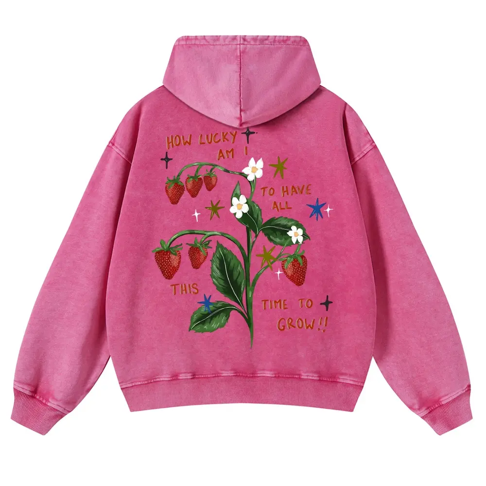 Men's Vintage Sand Washed Strawberry Print Hoodie - Unisex Fit Thick Cotton Blend Fleece Pullover, Casual Pre-Shrunk Long Sleeve Sweatshirt with Self-Growth Quote, Retro Aesthetic, Multi-Size, Pairable with Jeans