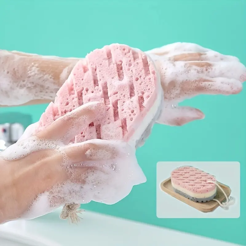2pcs Pastel Bath Sponges- Quick-Dry, Hypoallergenic Body Scrub& Cleansing- No Fragrance, Soft Sponge with Hanging Rope Gentle Exfoliation, Bathroom, Shower, Kitchen- Sensitive Light Beige& Use, Bath Accessories