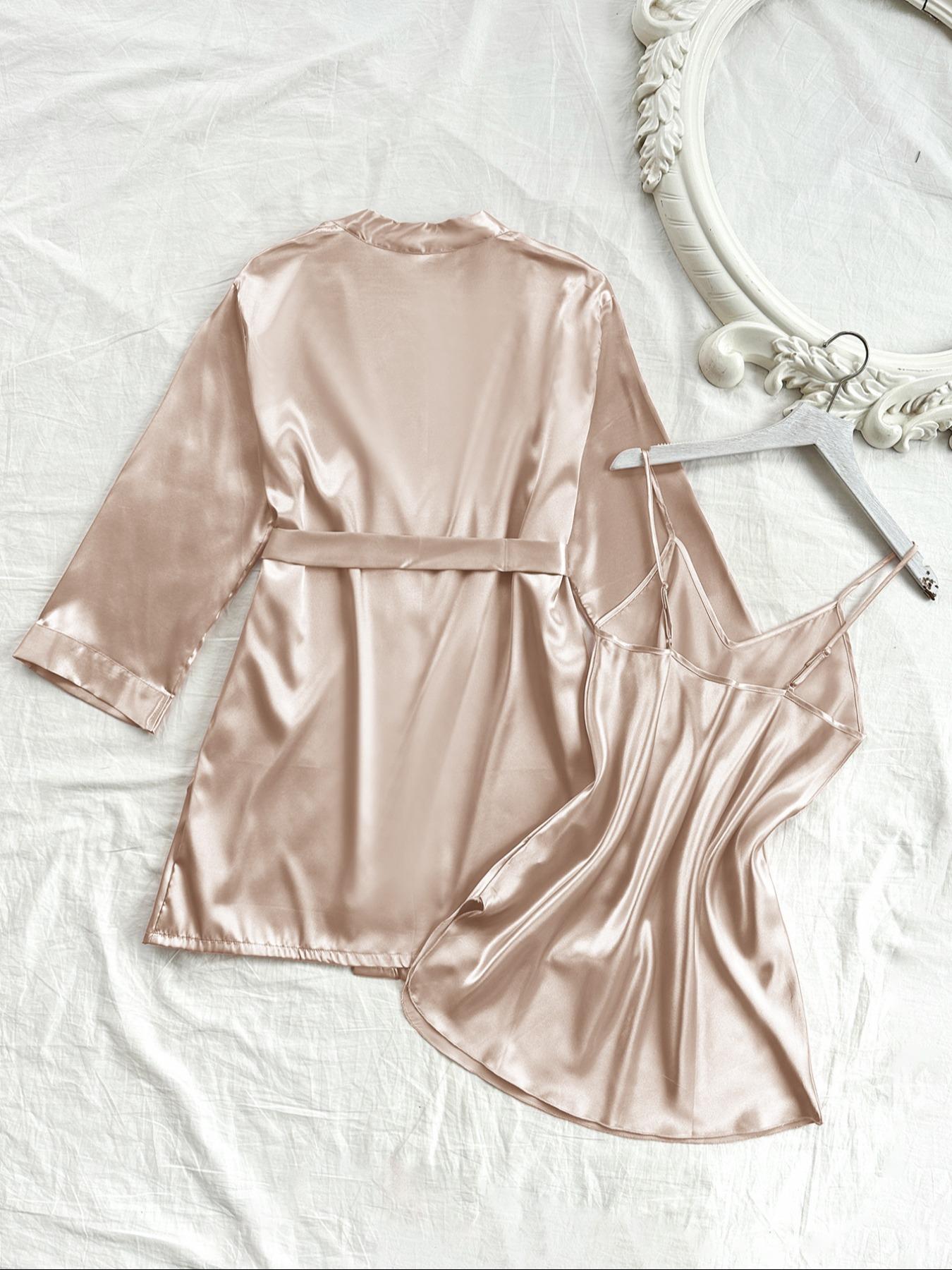 Women's Solid Belted Satin Pyjama Two-piece Set, Spaghetti Strap Long Sleeve Cami Night Dress & Robe Pj Set, Women's Sleepwear for All Seasons