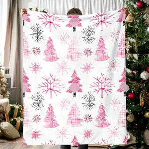 1Pc Cozy Pink Christmas Tree And Snowflake Blanket - Soft, Warm Flannel Throw For Naps, Camping, Travel |   Perfect Holiday Gift For Friends, Family, And Loved Ones