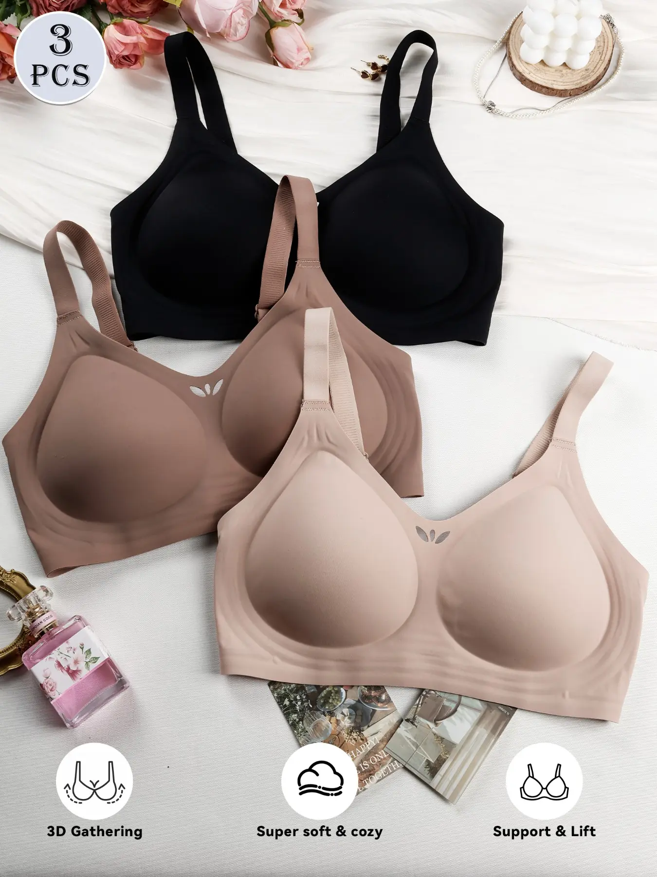 3 Pack 3 Colors Semi-Fixed Molded Cups Jelly Support Bra Set, Pads Stay In Place No Shifting No Displacement, 3D Gather Natural Bust Lift, Buttery Soft Seamless Wirefree, Casual Everyday Commute Versatile Underwear Lingerie