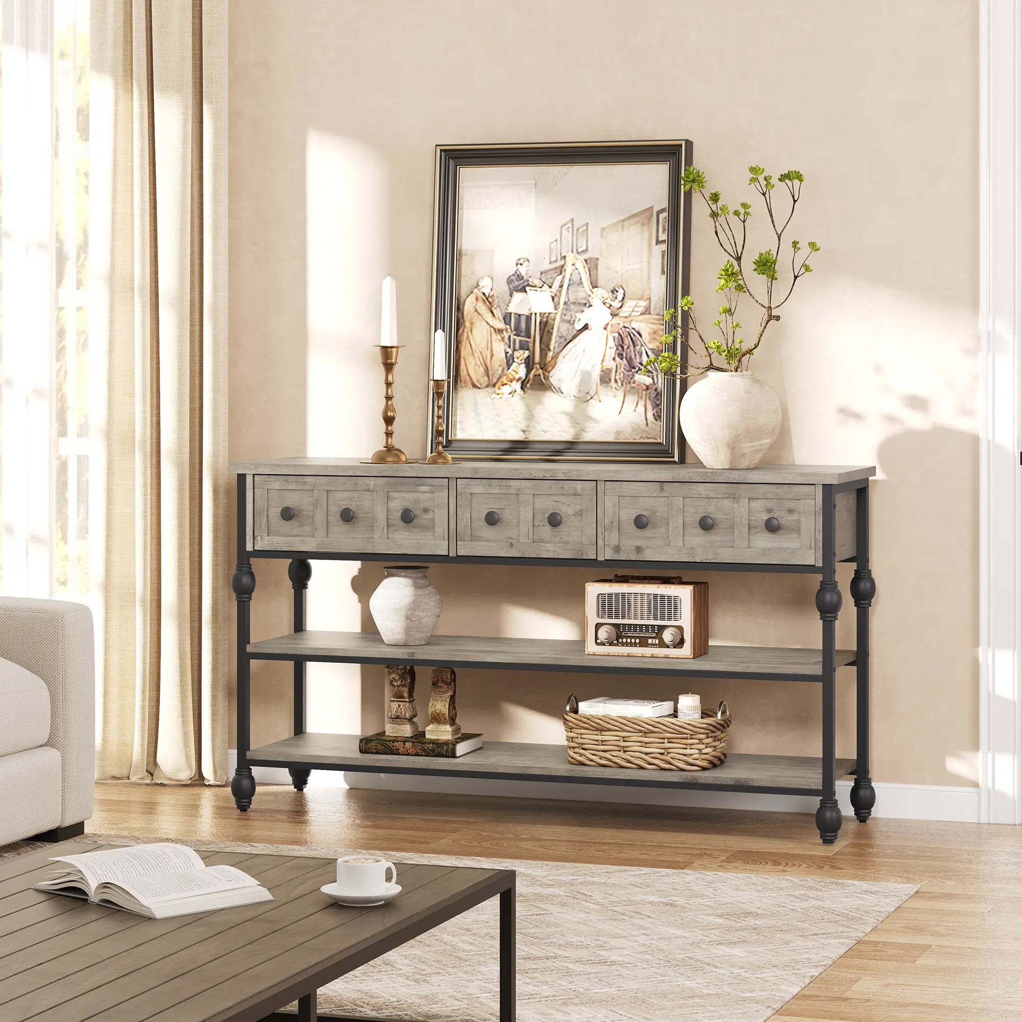 52'' Entryway Table with 3 Storage Drawers, 3 Tier Industrial Metal Entryway Sofa Table with Open Shelf, 150 LBS Capacity Hallway Table for Living Room