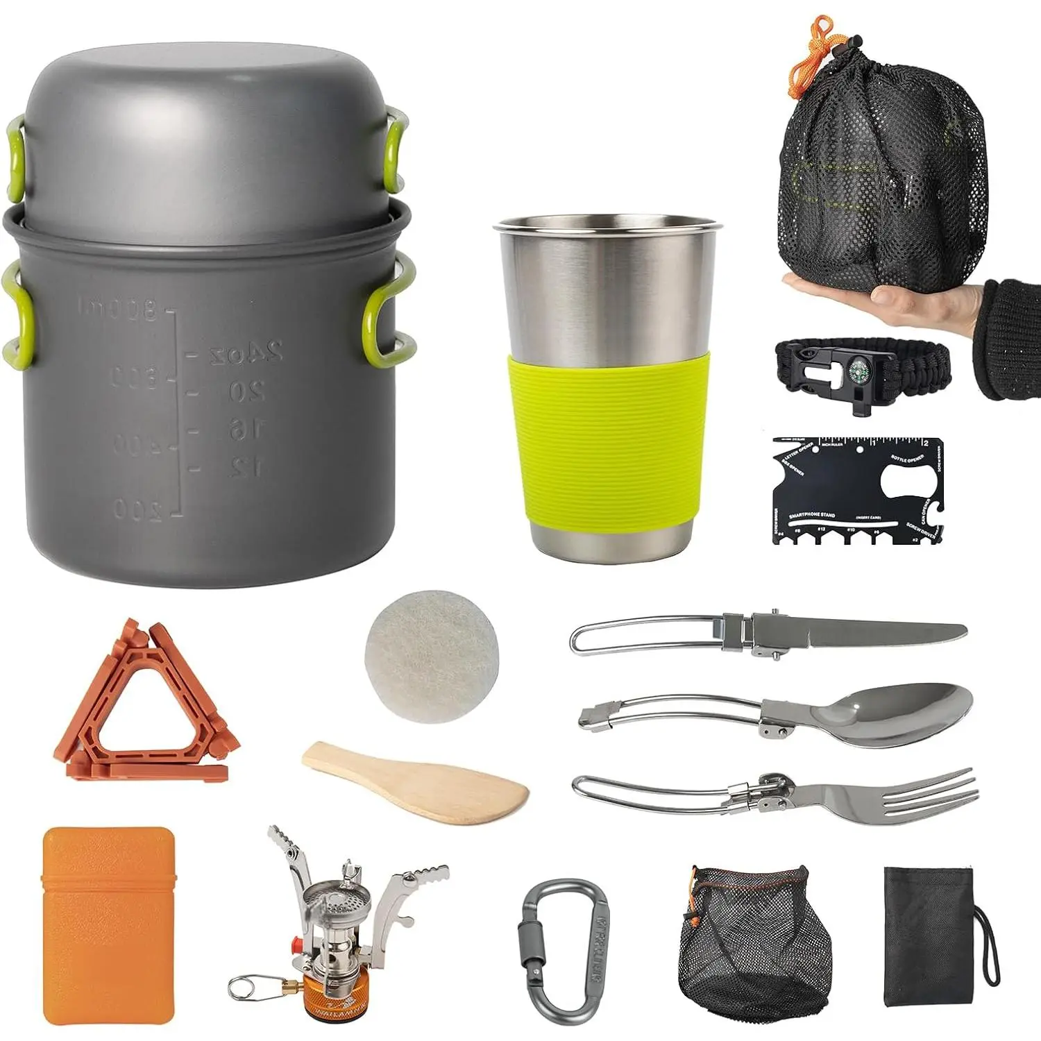 Camping Cookware Mess Kit, 16 pcs Backpacking Cooking Set, Lightweight Camping Pots and Stove Set  1-2 Person, Outdoor Cooking Gear Ideal  Camping, Hiking, Backpacking and Picnic