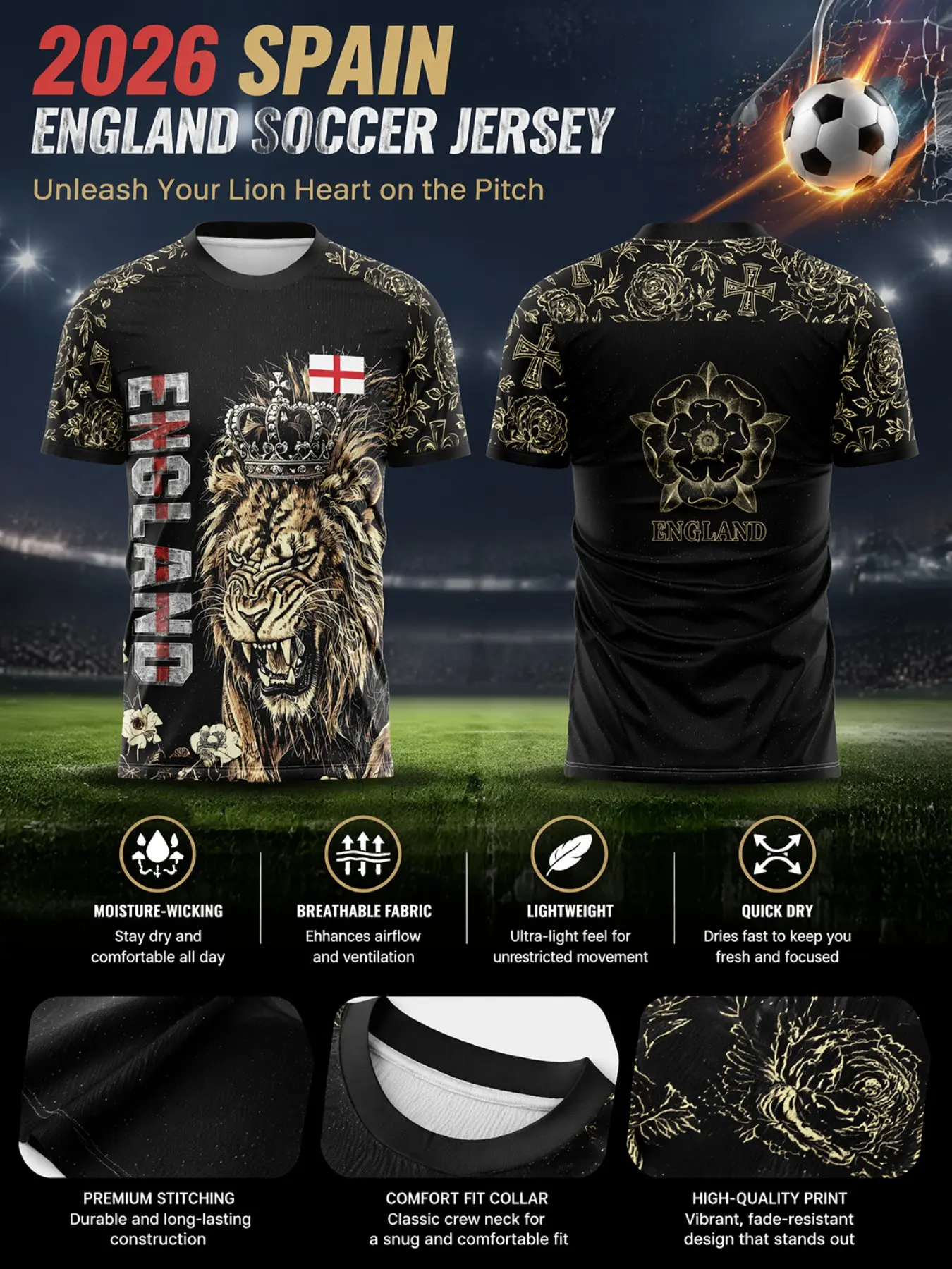 2026 England Soccer Jersey, Mesh Tudor Rose Cross Print, Comfortable Round Neck, Quick-Dry Breathable Sport T-Shirt, Sports Tees for Fans