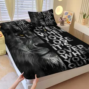 Lion Motivational Print Fitted Sheet Set-1 Bed Skirt & 2 Pillowcases No Core-Black White Realistic Male Lion Portrait with Inspirational Copy-Comfortable Deep Pocket Mattress Protector-Dark Minimalist Bedroom Decor