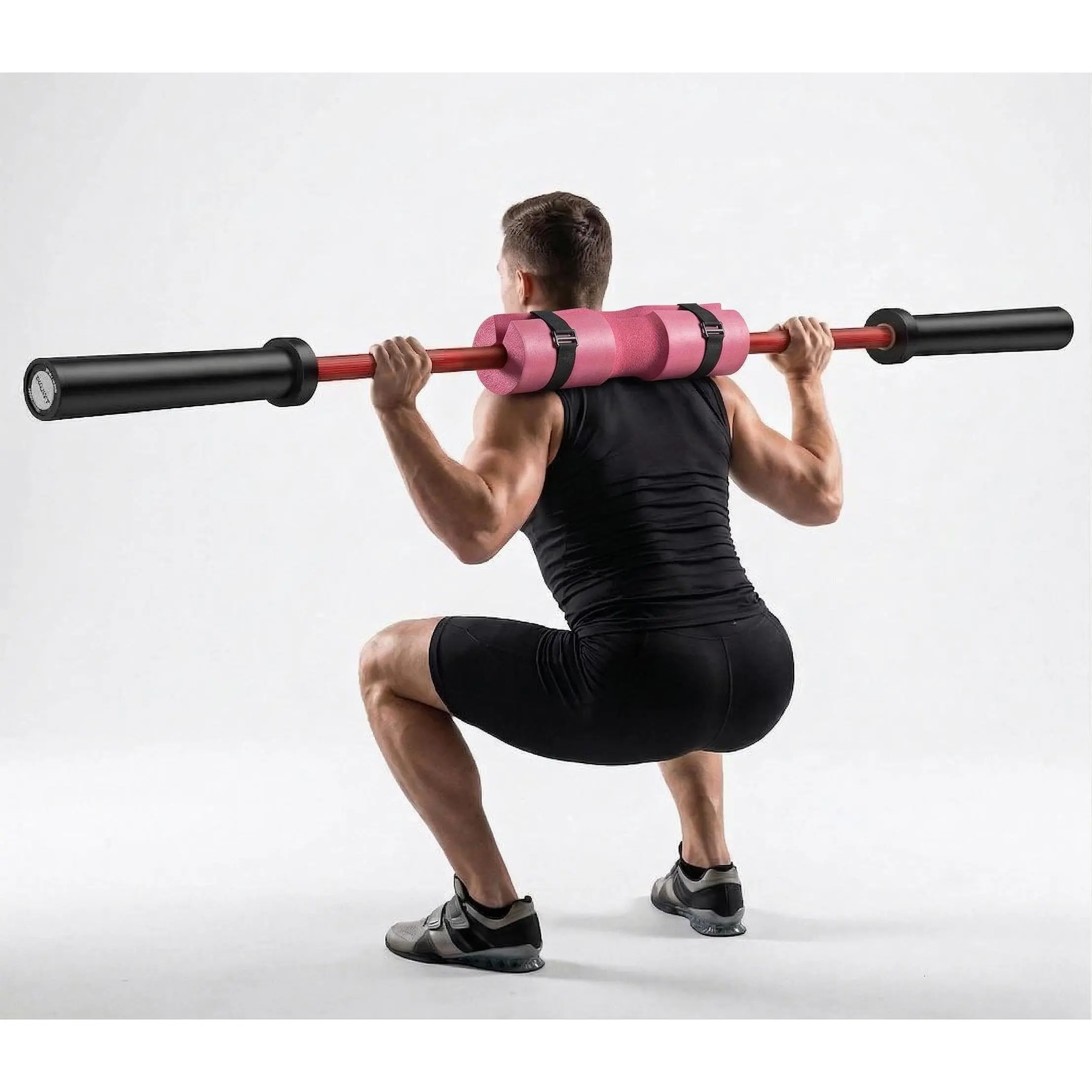 Heavy Duty 7FT International Games Barbell - 1500 lbs Capacity Home Gym Strength Training Bar, Comfortable Pink Squat Pad, Anti-Slip Enhanced Control, Hard Chrome Easy Maintenance, Fits 2" Plates, Ideal for Squats, Powerlifting (Red Black + Pink), Spray P