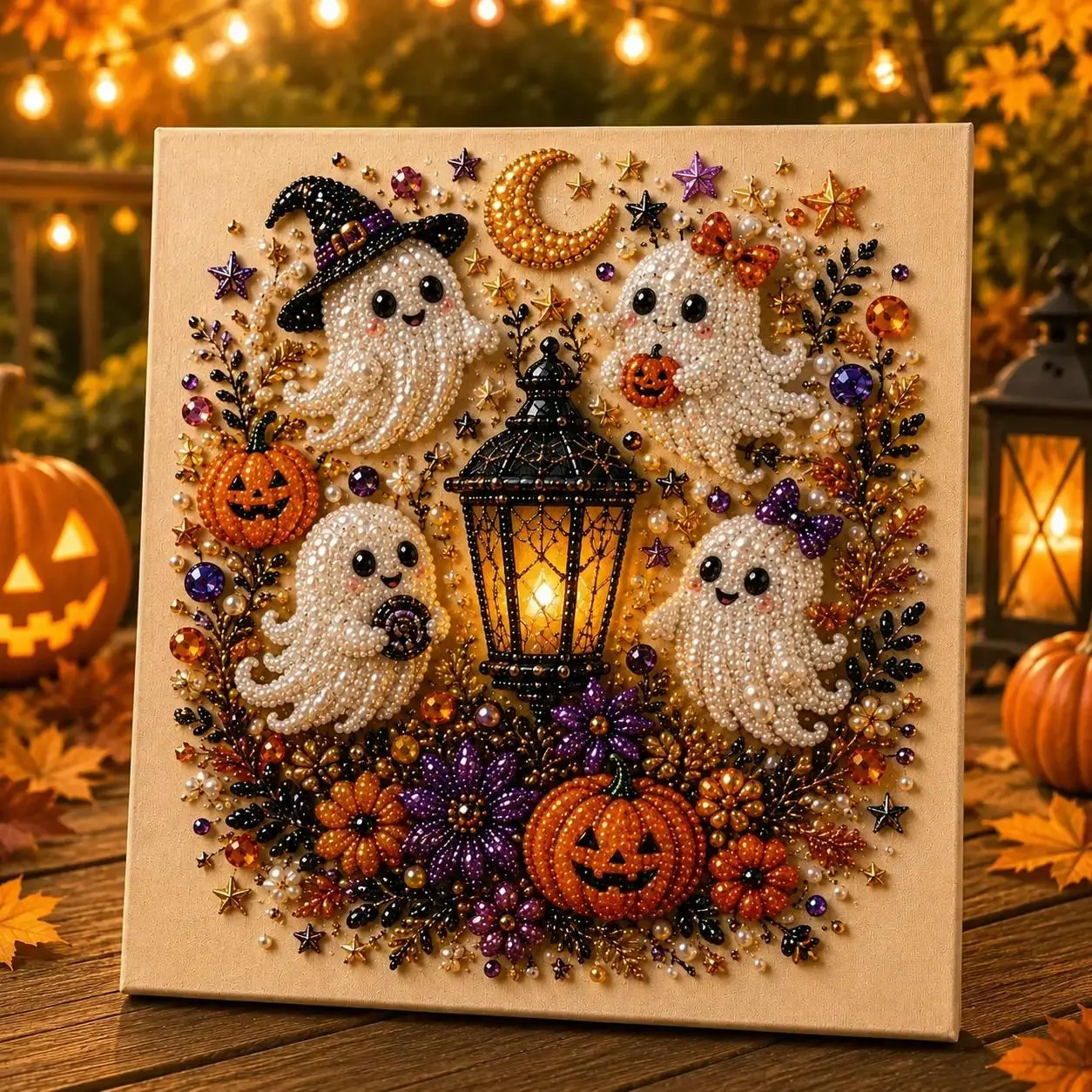 Small Size No Light Spooky Cute Ghost 8inx8in Themed Pearl 3D Diamond Painting DIY Kit Multipurpose Fall Season Handicraft Set Beautiful Wall Art Furnishing Accessory for Household Indoor Decoration Holiday Party Present