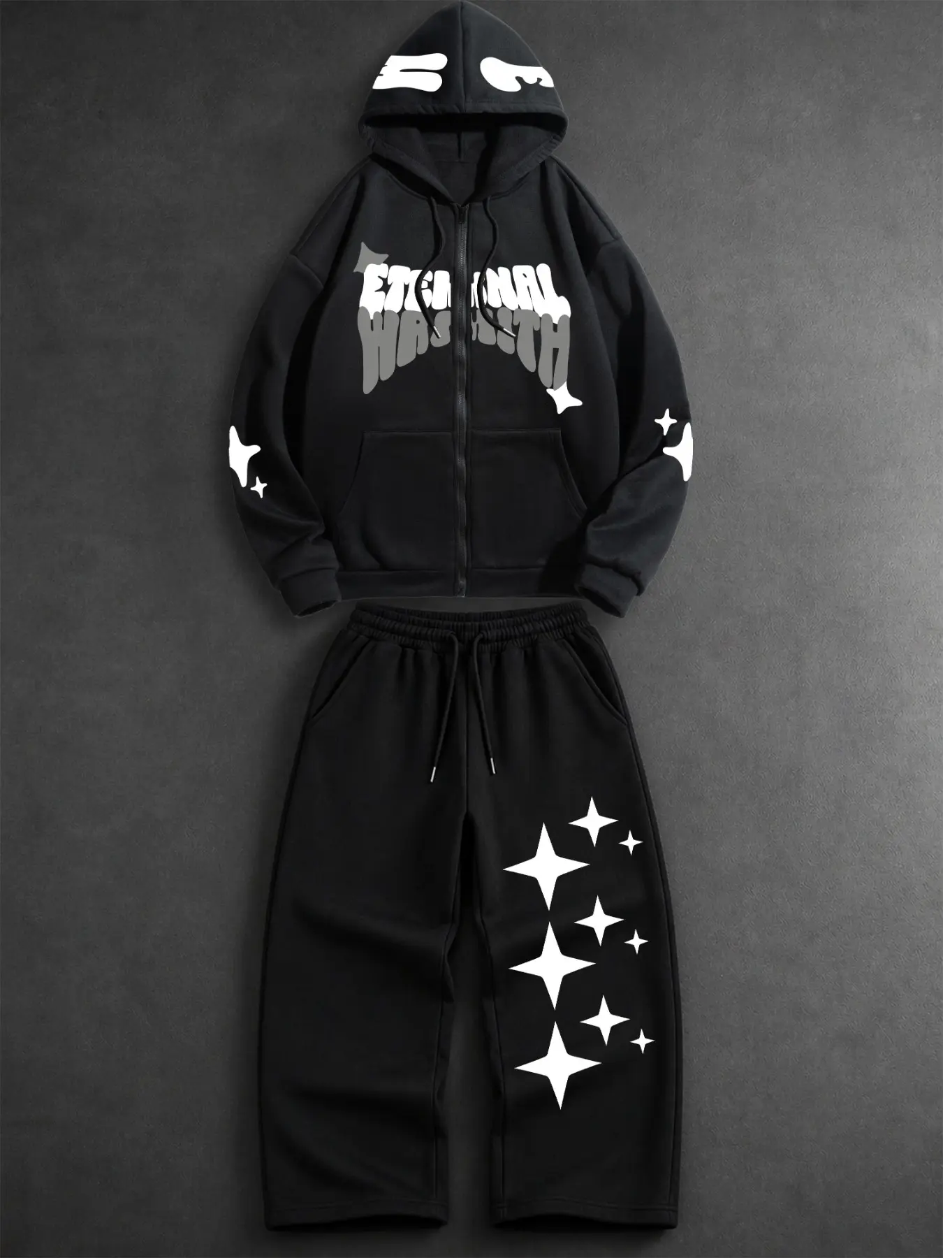 Men Y2K Skater 2‑Piece Tracksuit Set, Melty Bubble Letter Four‑Pointed Star Multi‑Spot Graphic Print Zip‑Up Hoodie & Baggy Wide‑Leg Sweatpants, Full Zip Closure Kangaroo Pocket Elastic Drawstring Waist Side Pockets Soft Loose Outfit for Skateboarding Stre