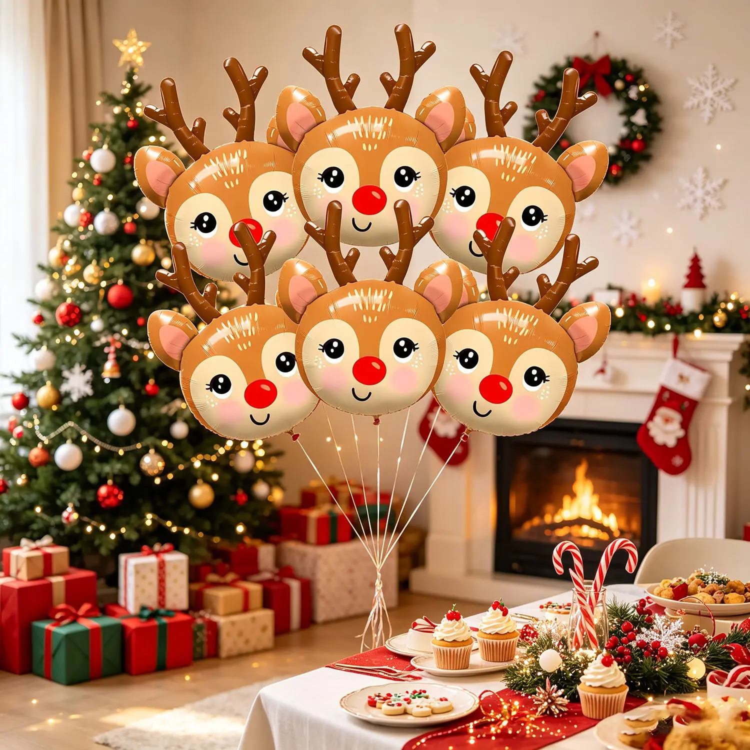6pcs 26-Inch Christmas Reindeer Head Aluminum Foil Balloon Set, Perfect for Holiday Decorations, Party Themes, and Event Atmosphere Enhancement