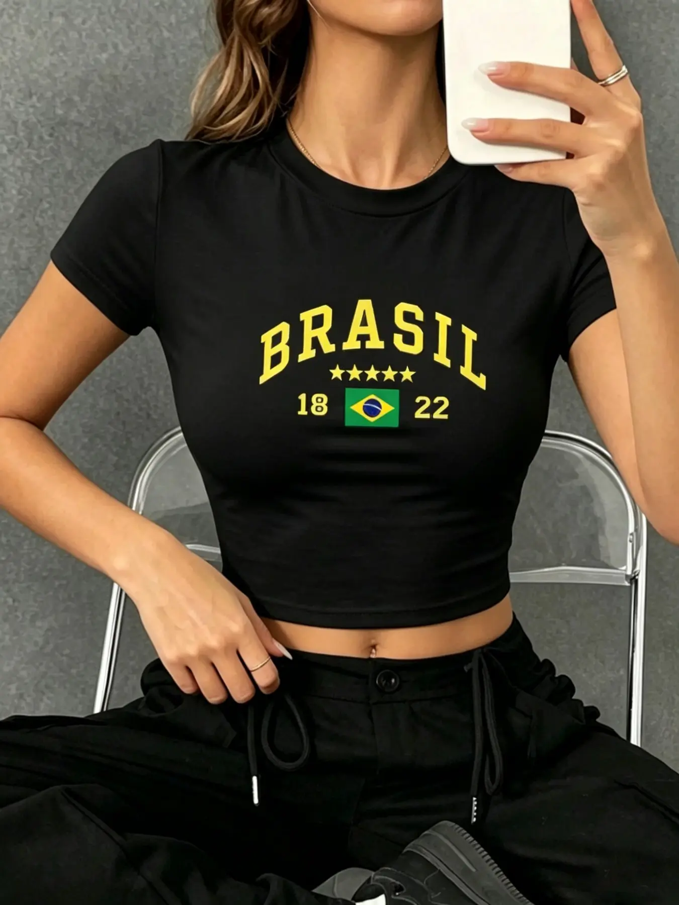 Vintage White Brasil 1822 Flag Print Stretch Jersey Round Neck Short Sleeve Cropped Baby Tee,Y2K Form Fitting Brazil Flag & Five Stars Graphic Crop Top,Summer Casual Street OOTD Slim Fit Ribbed Tee,Breathable Retro Brasil Independence Print T-Shirt Matchi